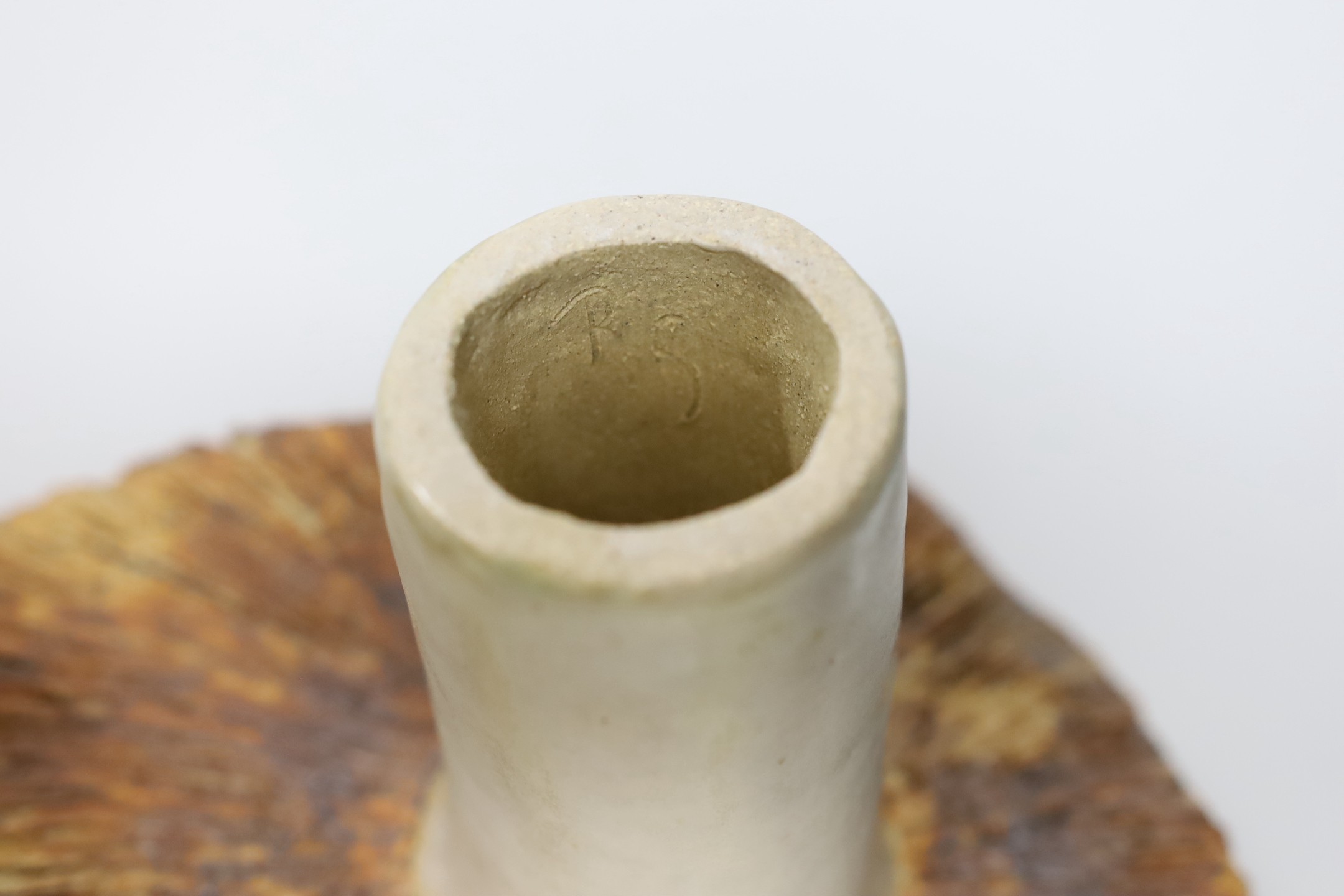 Ruth Sulke - two studio glazed stoneware ‘mushroom’ vases, together with a small studio pottery jardiniere, tallest 21cm